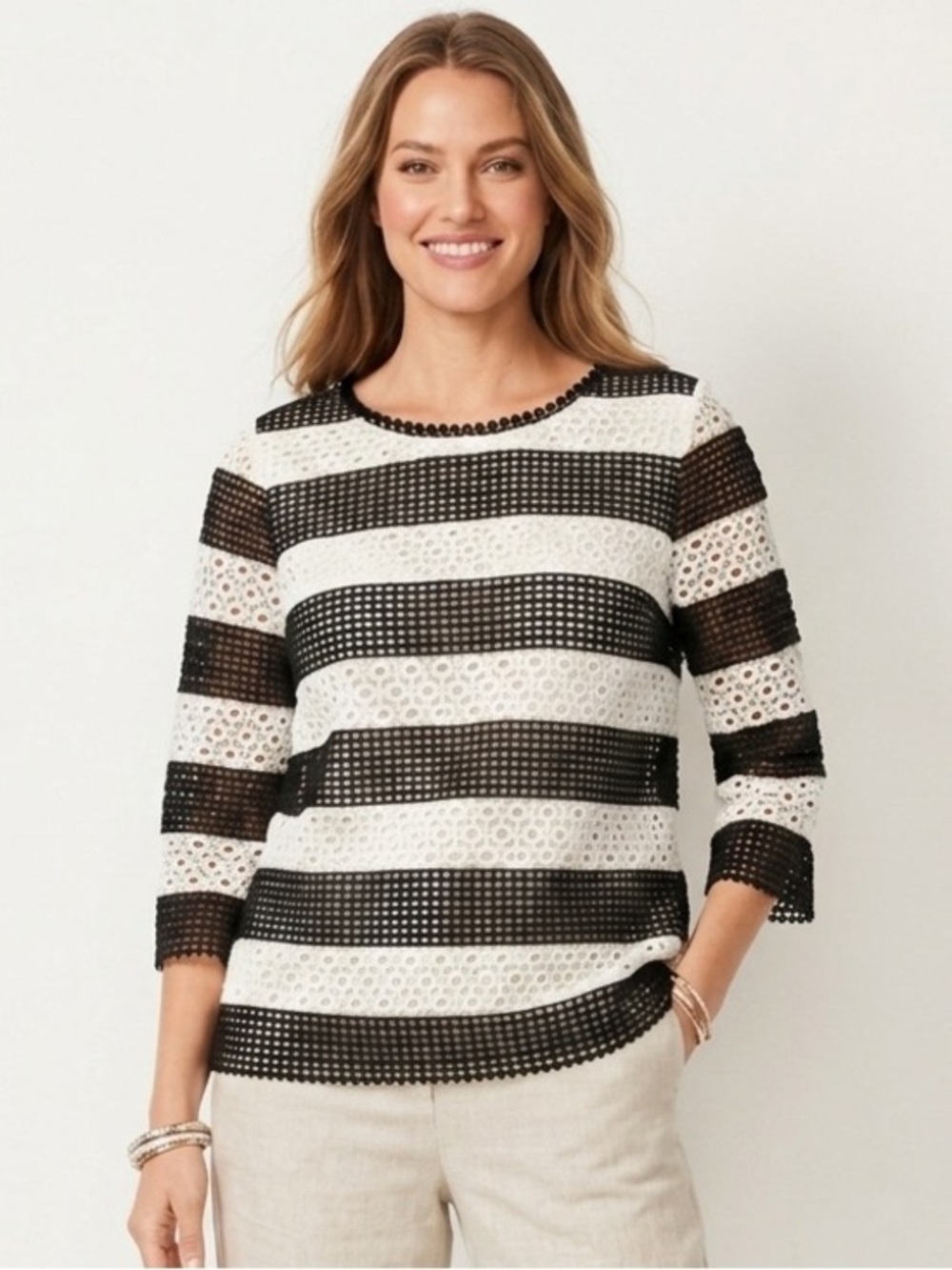 Talbots Black and Cream Striped Cotton Crochet Eyelet Lace Top Size Large Petite